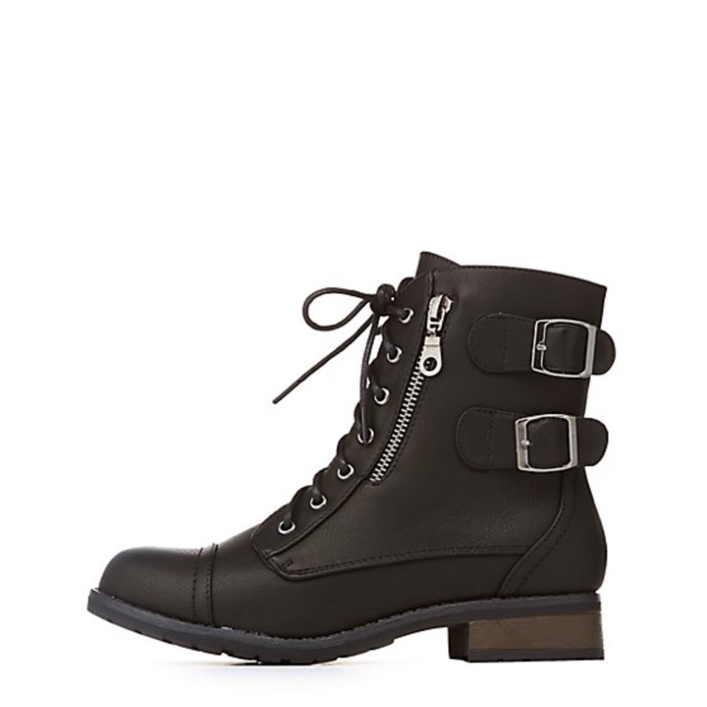 black double buckle combat boot